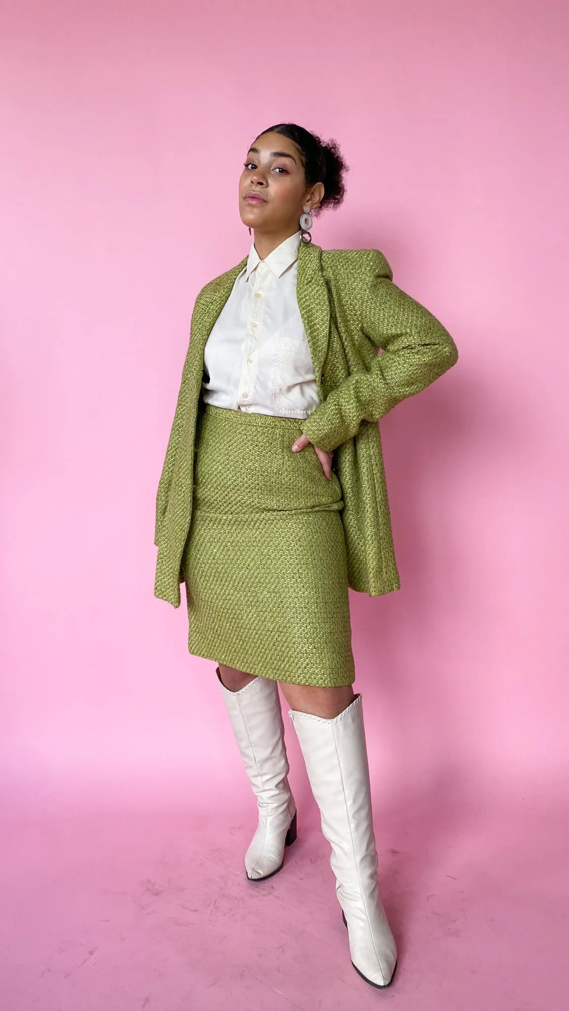 1980s Green Shimmer Tweed Suit Set, sz. M