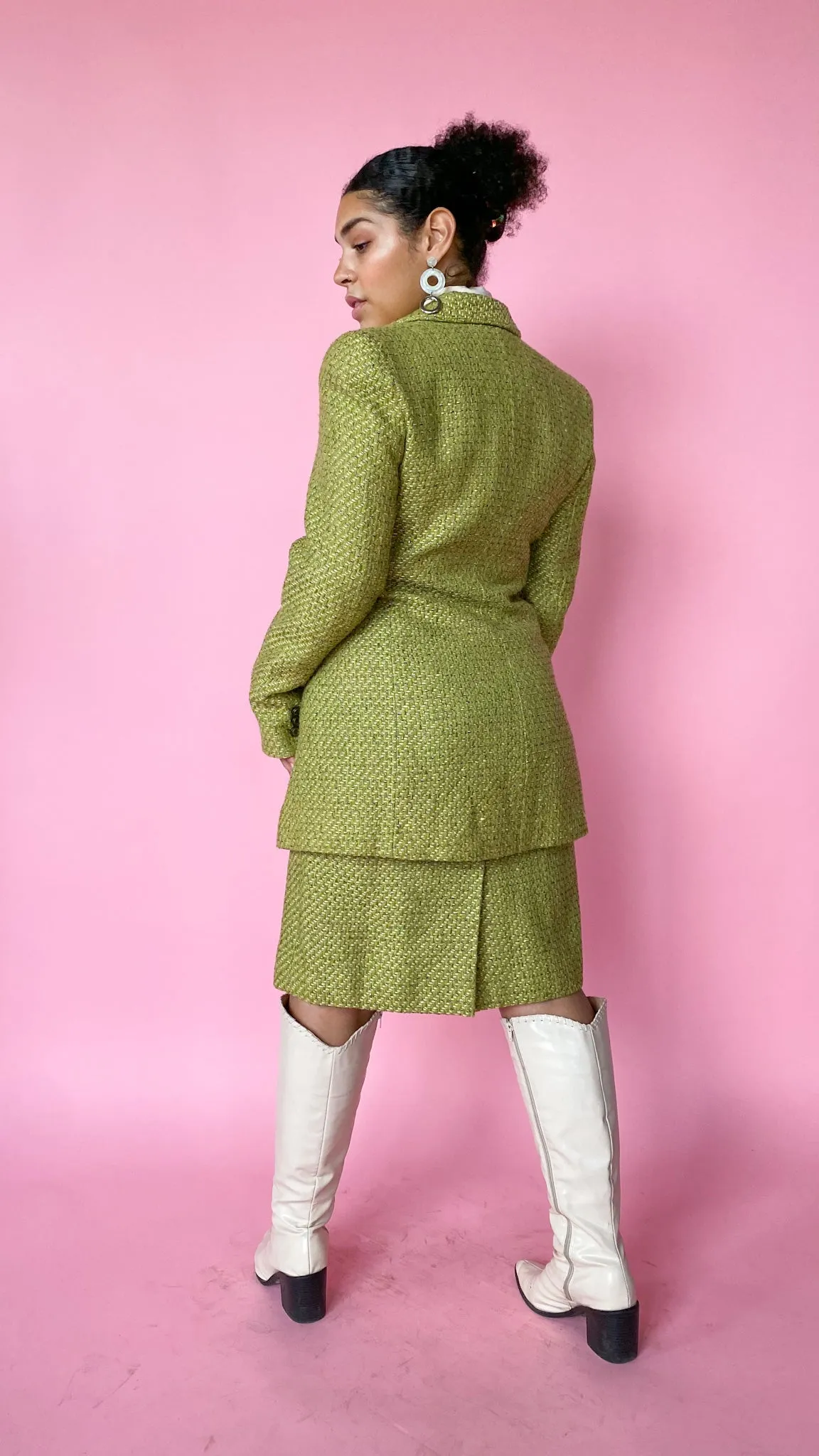 1980s Green Shimmer Tweed Suit Set, sz. M