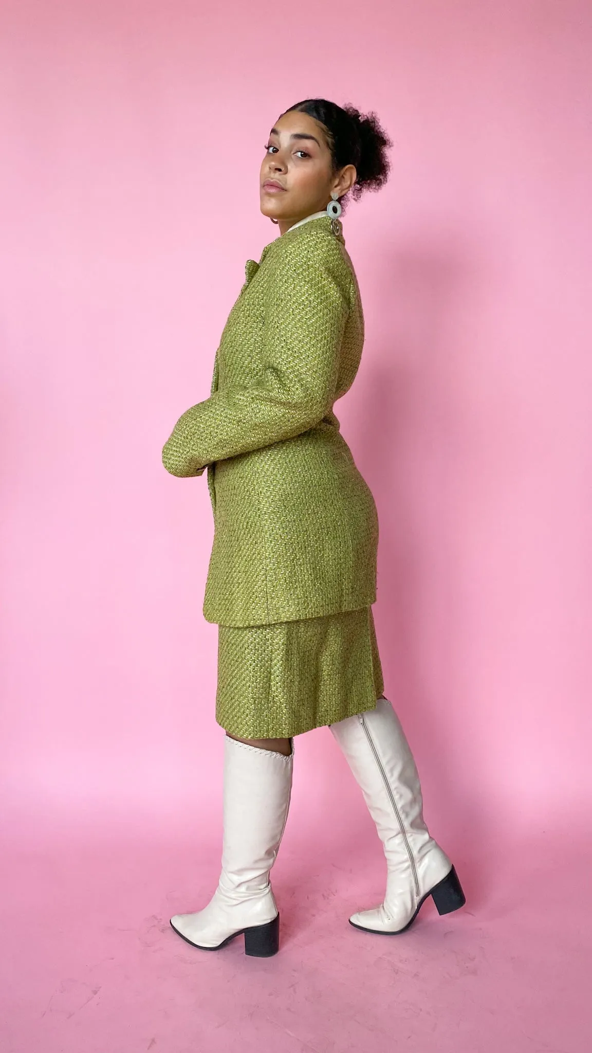 1980s Green Shimmer Tweed Suit Set, sz. M