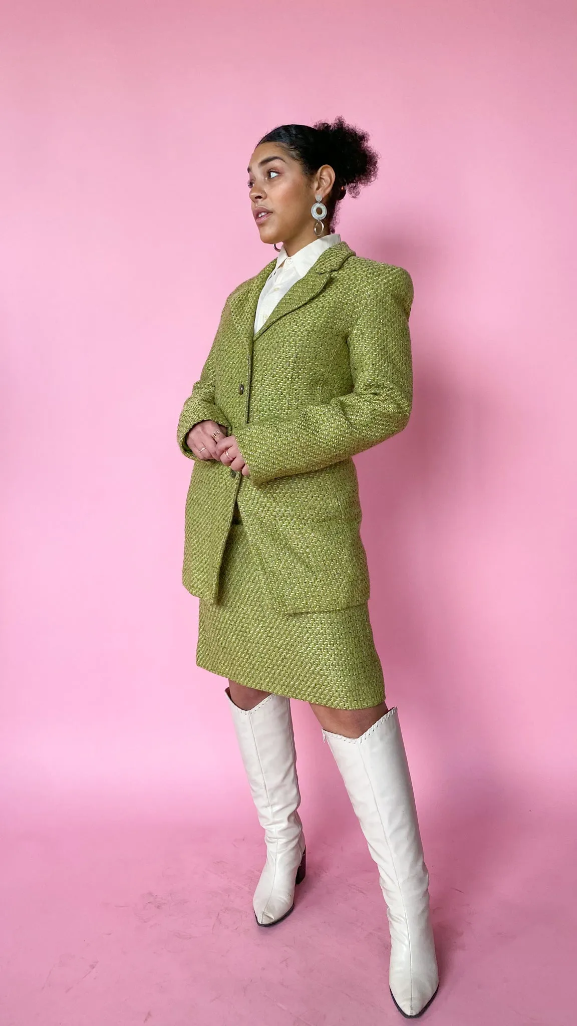 1980s Green Shimmer Tweed Suit Set, sz. M