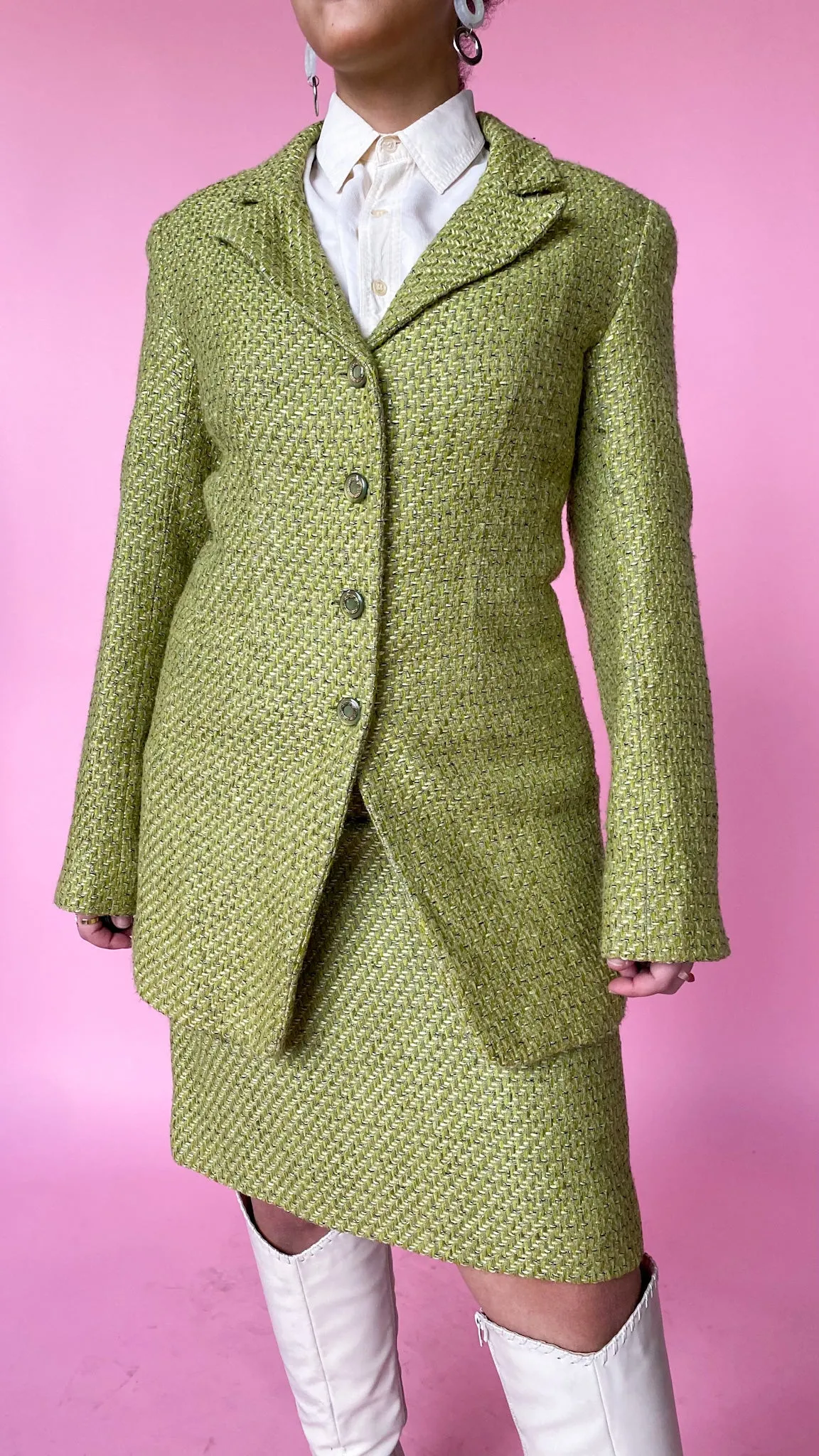 1980s Green Shimmer Tweed Suit Set, sz. M