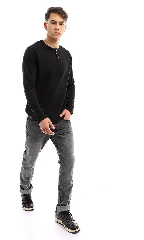 94629 Long Sleeves Buttoned Black Henley Shirt