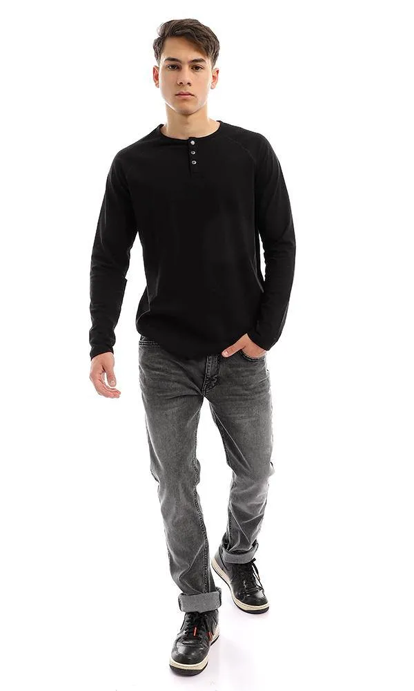 94629 Long Sleeves Buttoned Black Henley Shirt