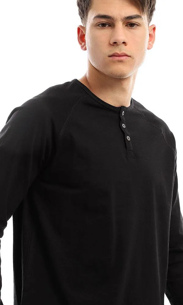 94629 Long Sleeves Buttoned Black Henley Shirt