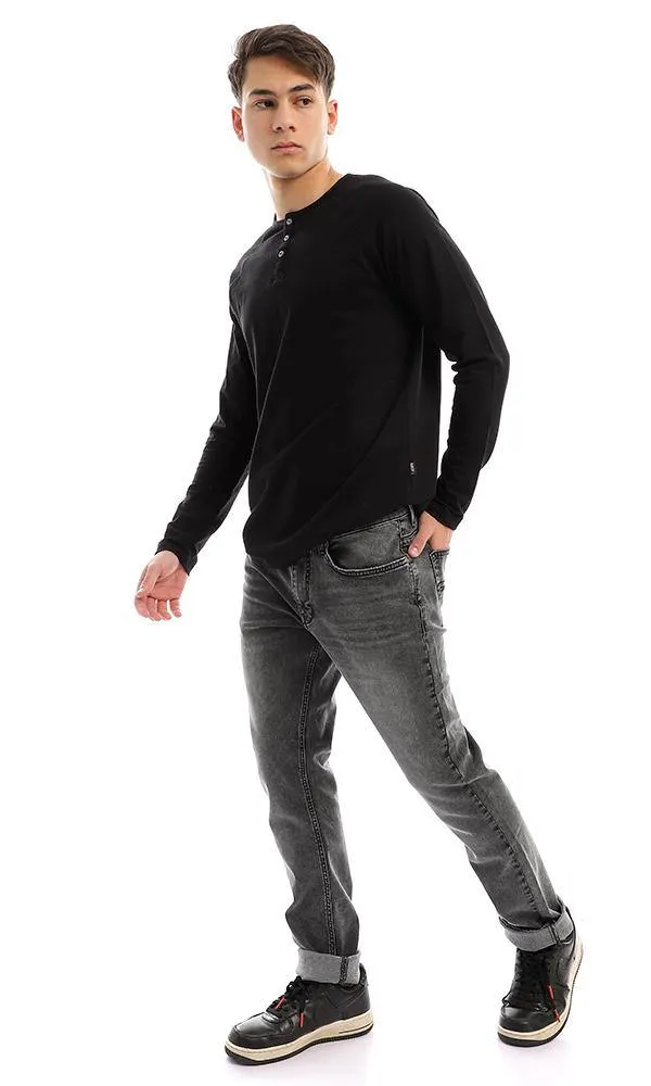 94629 Long Sleeves Buttoned Black Henley Shirt