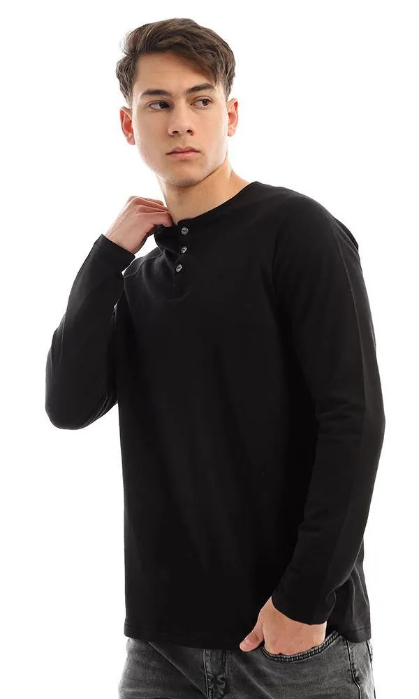 94629 Long Sleeves Buttoned Black Henley Shirt