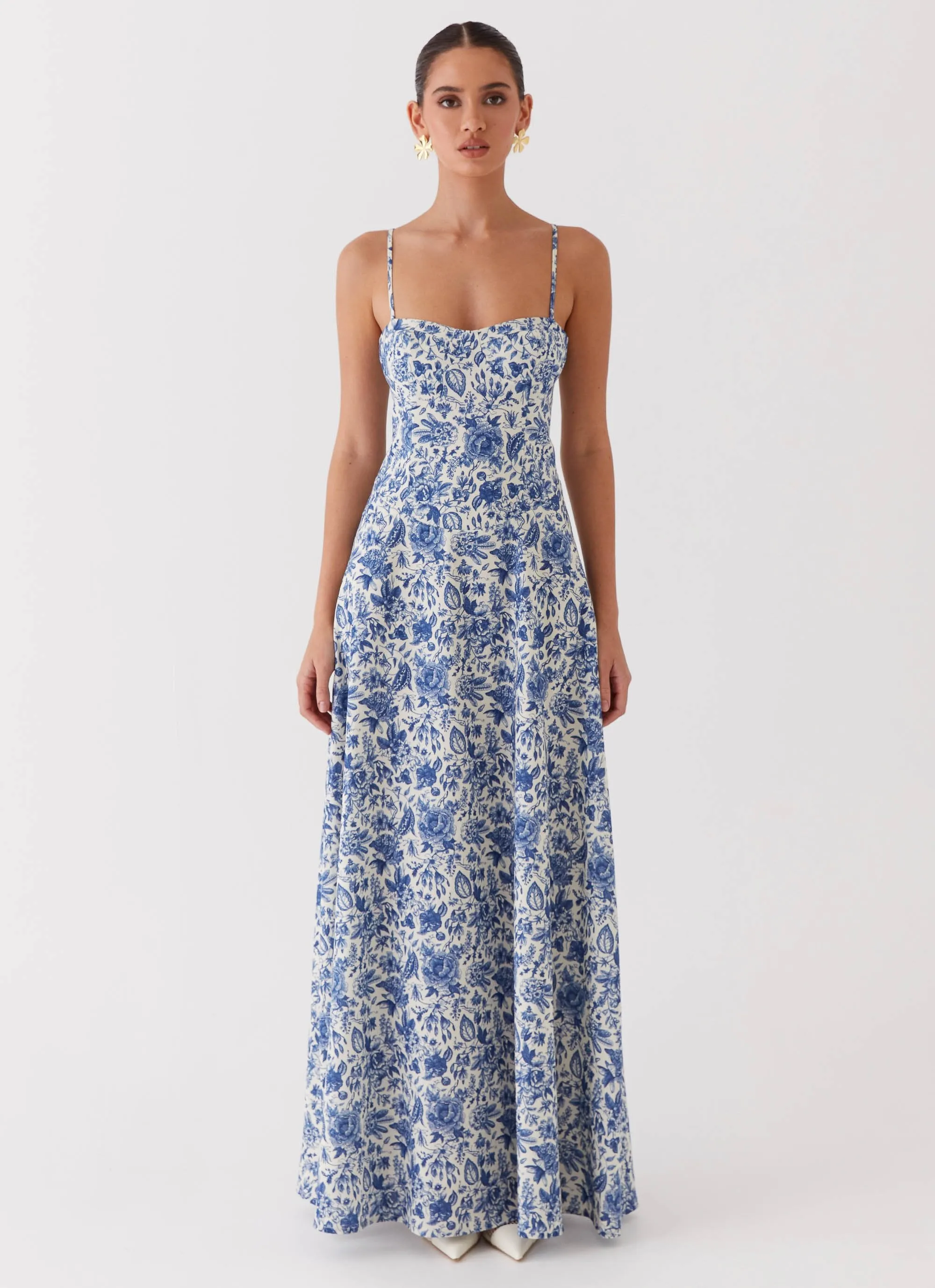 Angelina Linen Maxi Dress - Blue Paisley