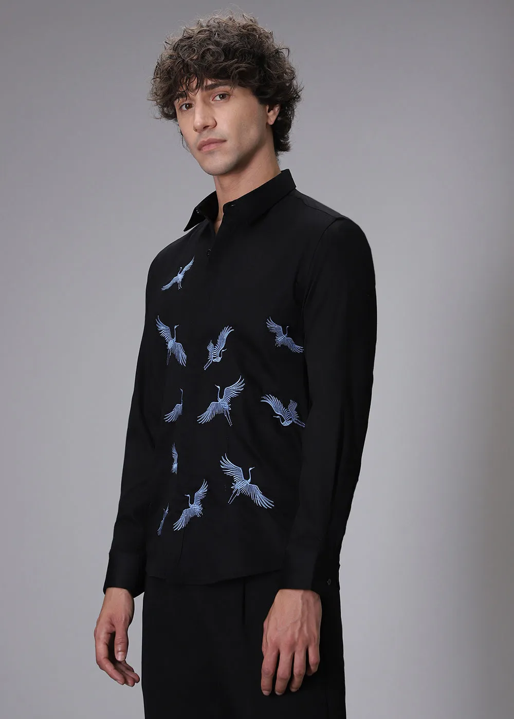 Black Crane Embroidery Designer Shirt