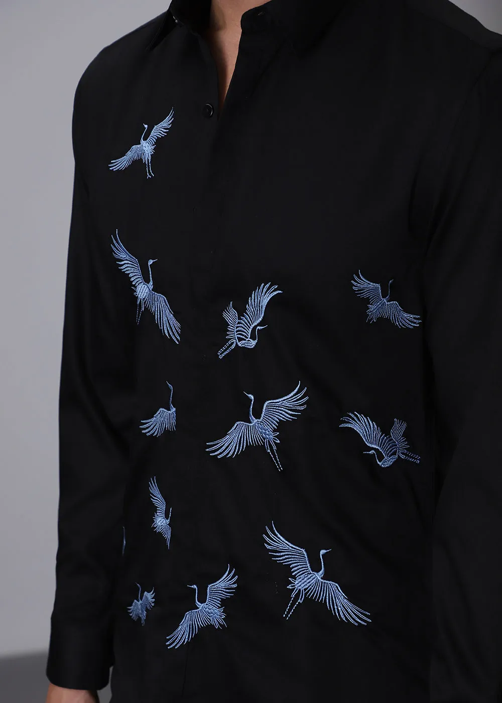 Black Crane Embroidery Designer Shirt