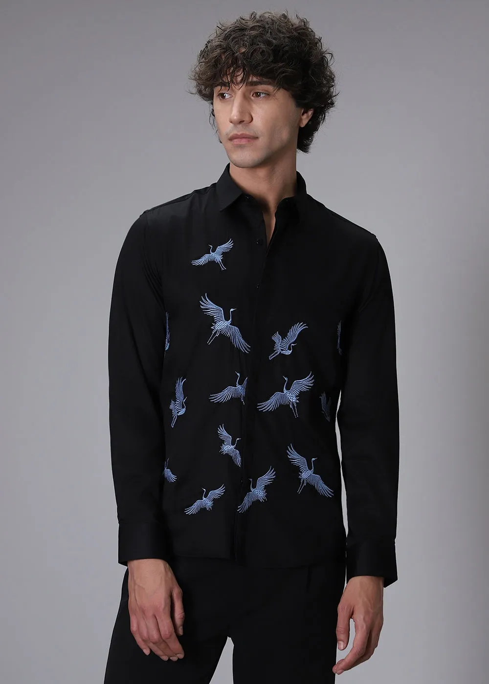 Black Crane Embroidery Designer Shirt