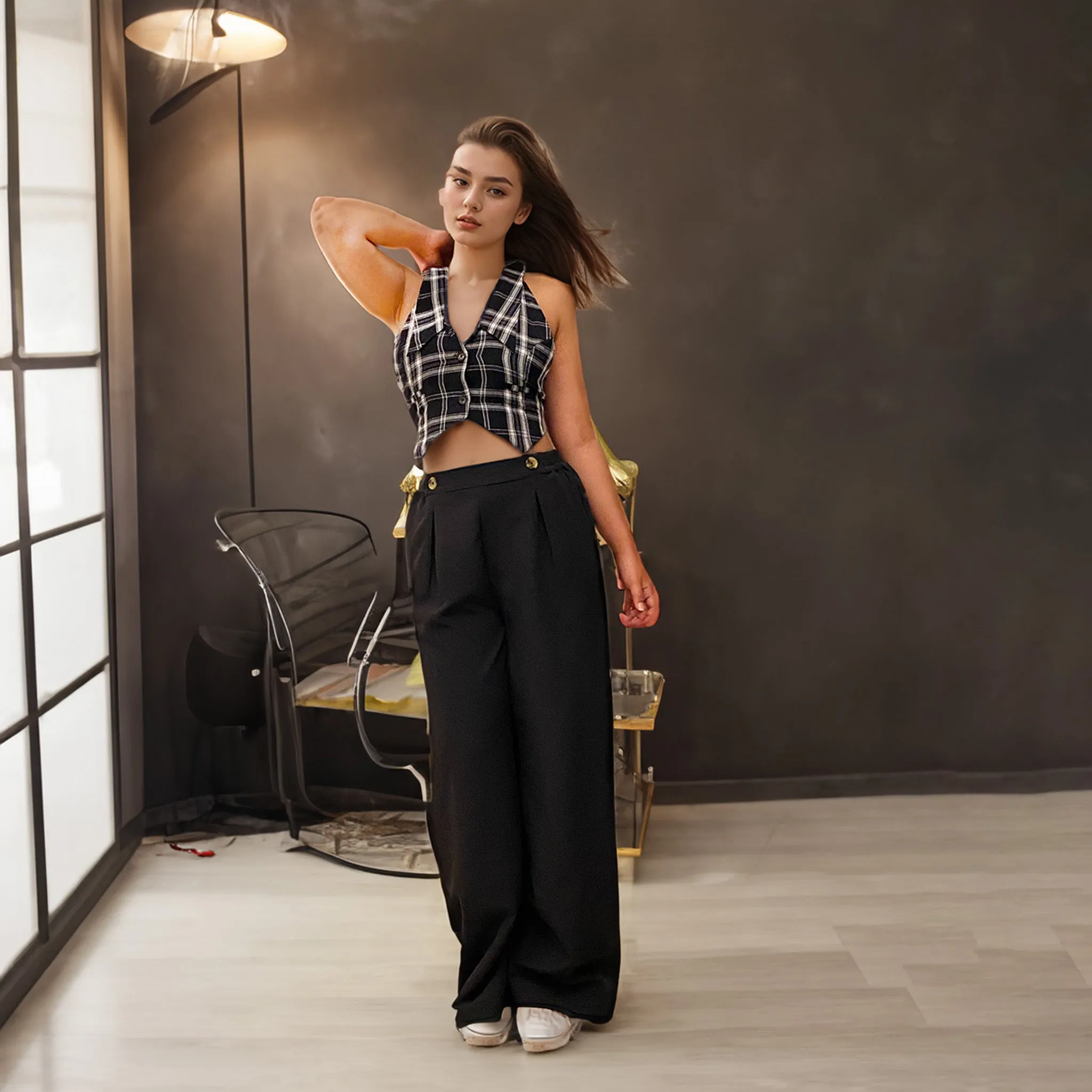 Black Korean Pants & Checkered Waistcoat Set