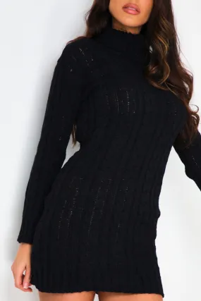 Black Roll Neck Cable Knitted Jumper Dress