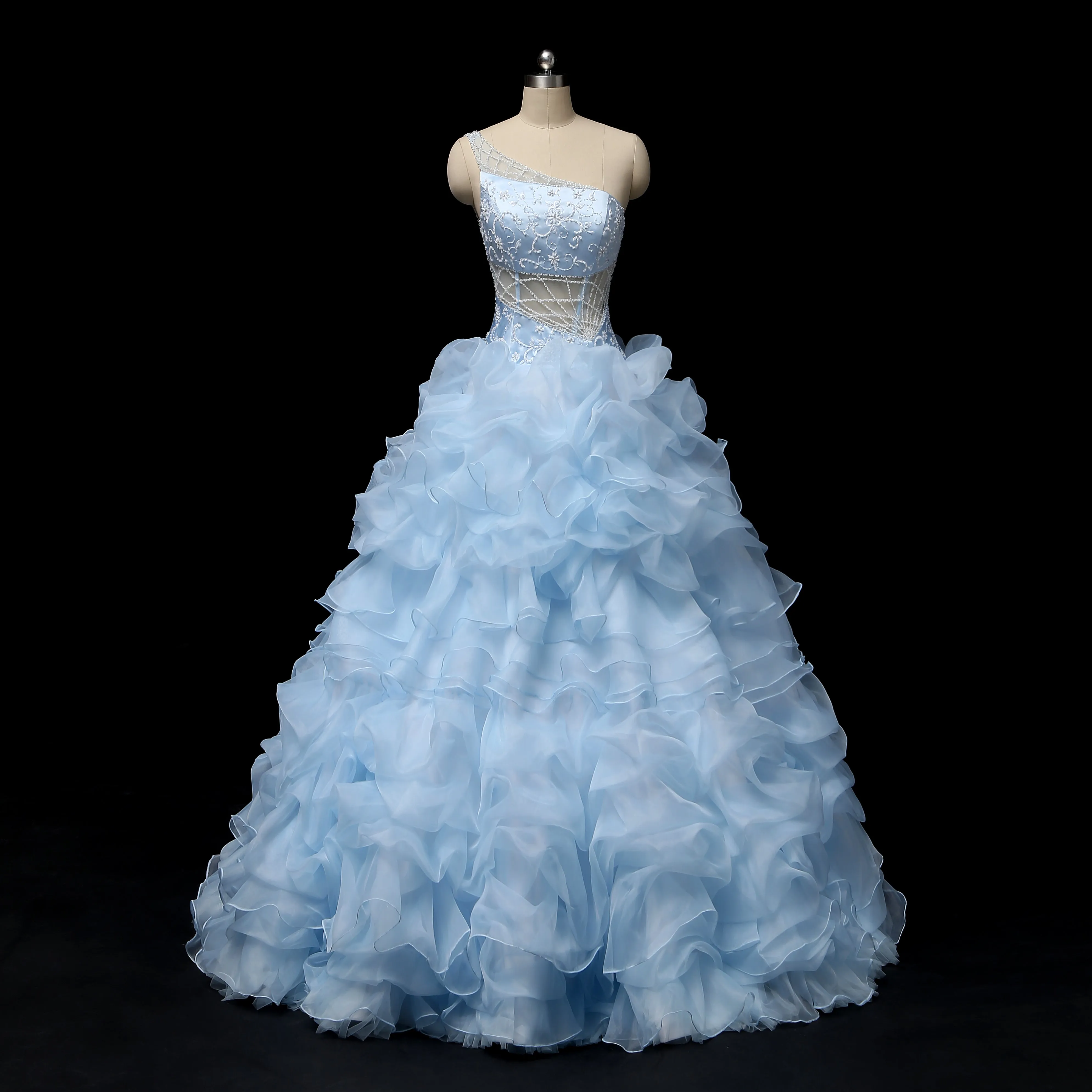 Blue One Shoulder Ruffles Ball Gown Wedding Dress COCO