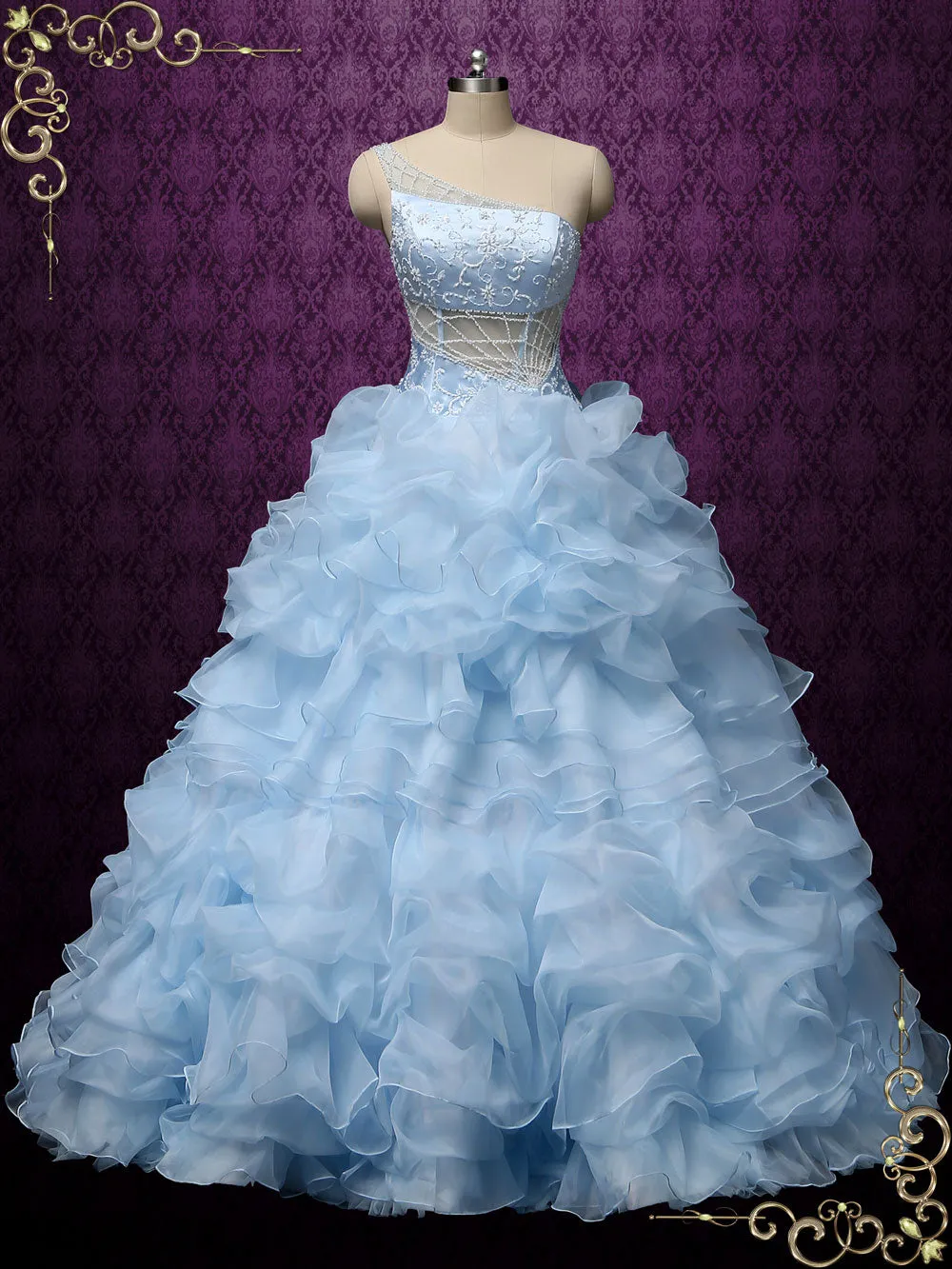 Blue One Shoulder Ruffles Ball Gown Wedding Dress COCO