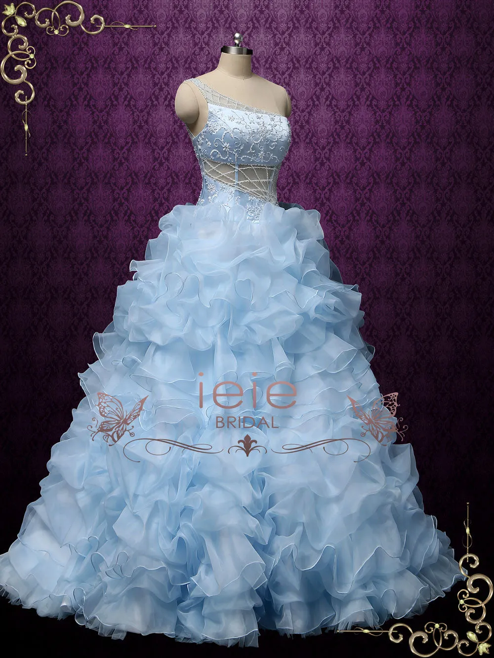 Blue One Shoulder Ruffles Ball Gown Wedding Dress COCO