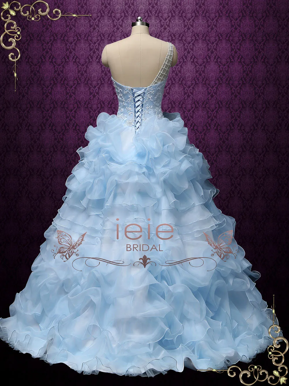 Blue One Shoulder Ruffles Ball Gown Wedding Dress COCO