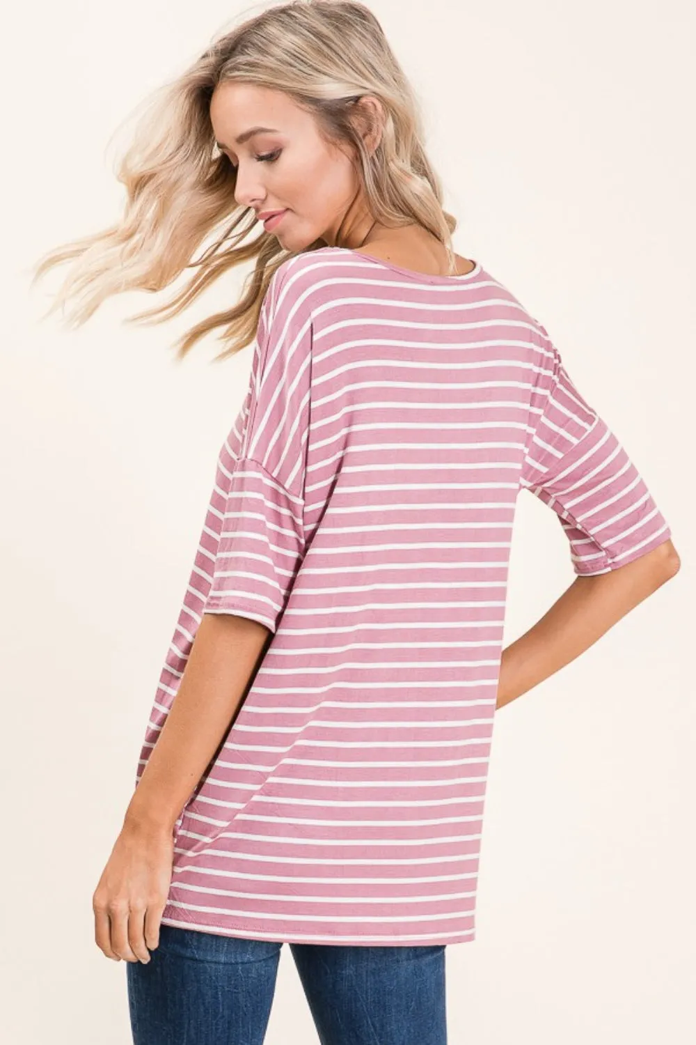 BOMBOM Striped Round Neck Half Sleeve T-Shirt