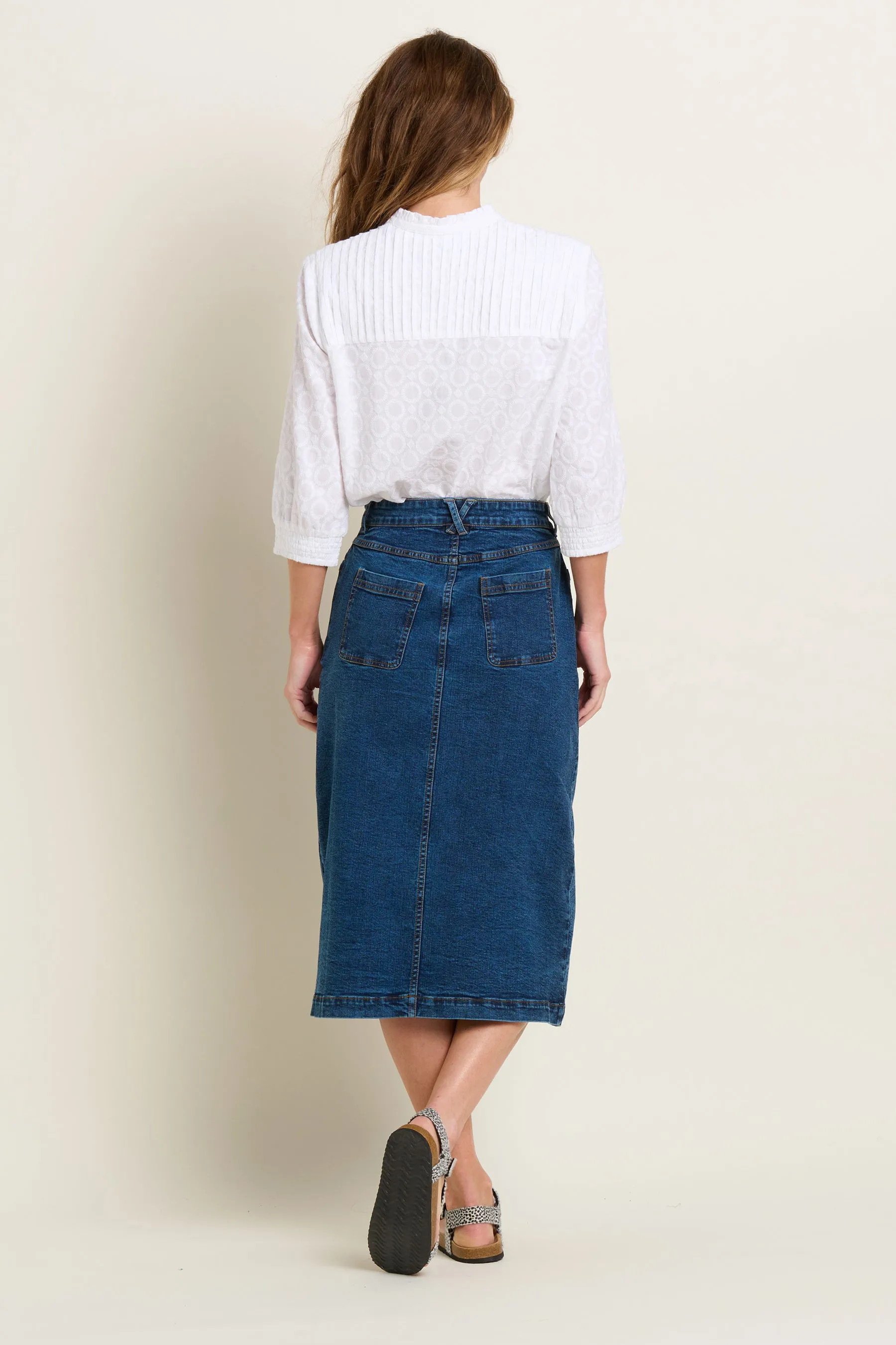 Button Front Denim Midi Skirt