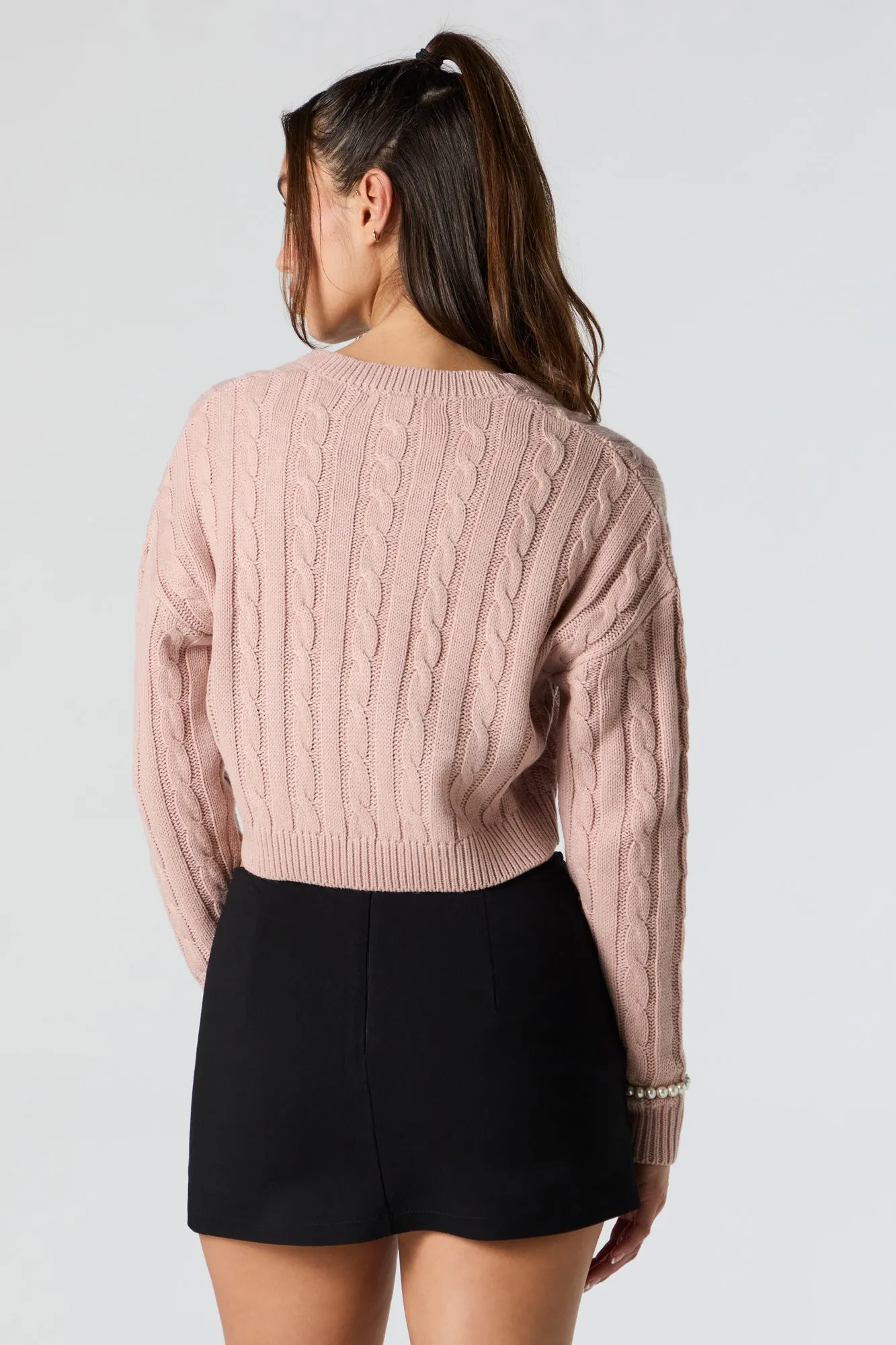 Cable Knit V-Neck Cropped Sweater