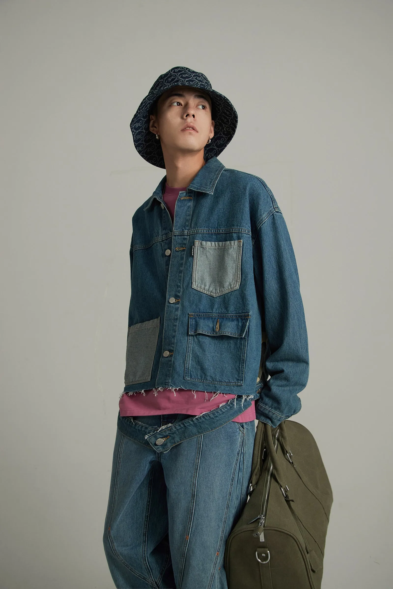 Camouflage Sleeve Raw Hem Denim Shirt