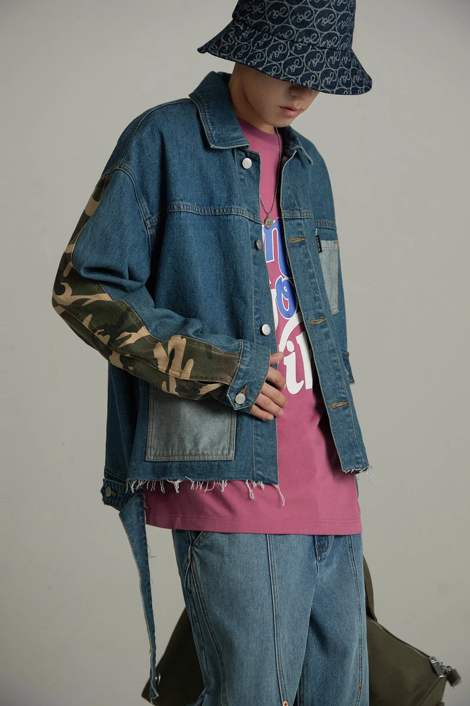 Camouflage Sleeve Raw Hem Denim Shirt