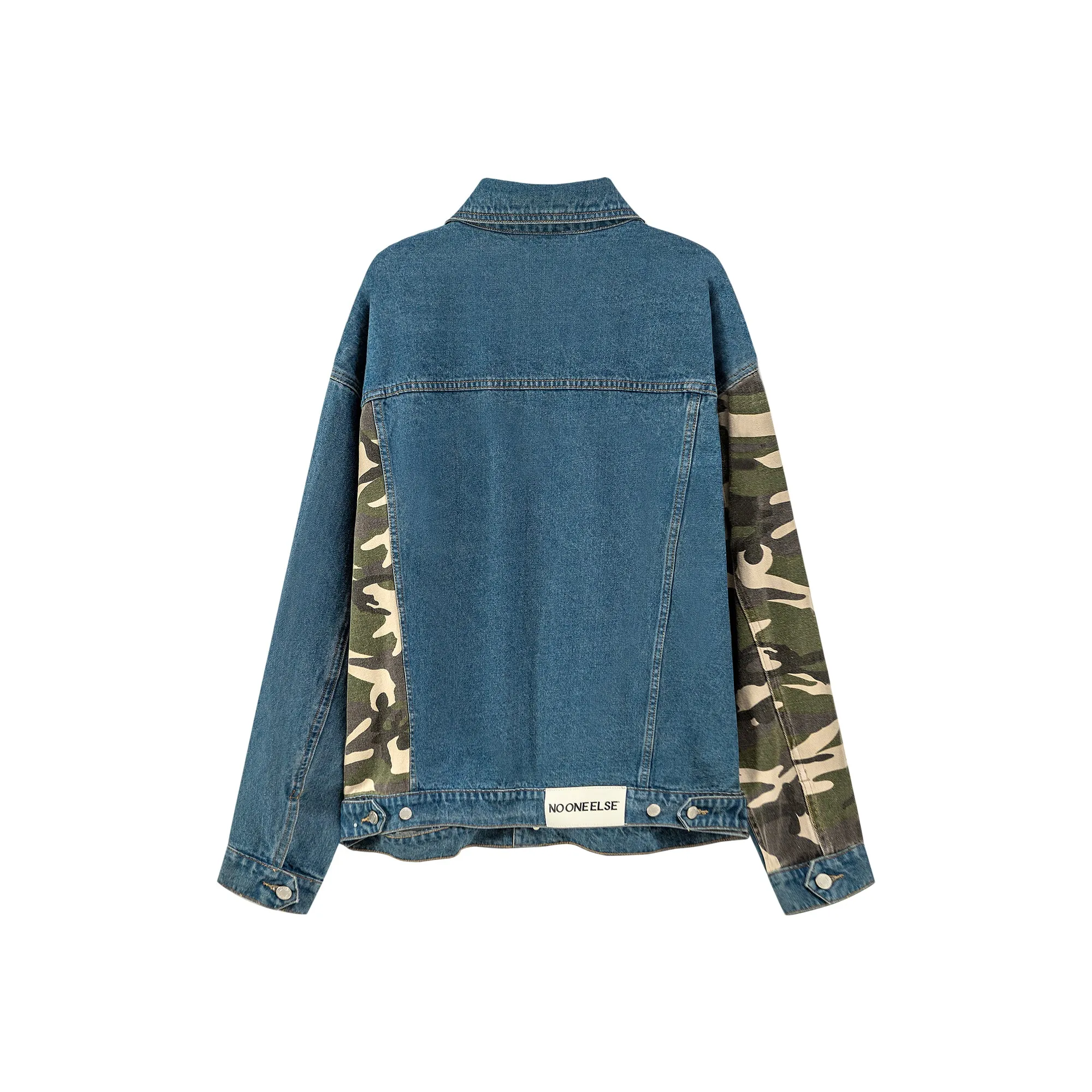 Camouflage Sleeve Raw Hem Denim Shirt