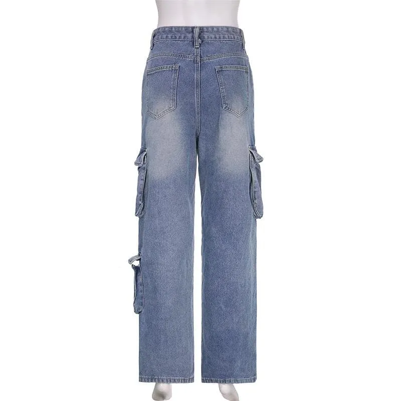 Cargo pocket button high rise straight leg jeans