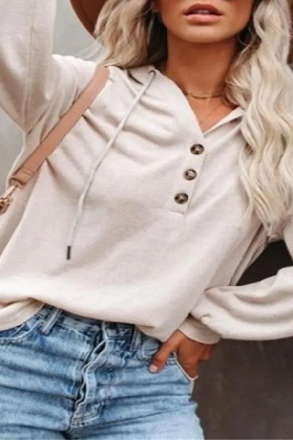 Casual Long Sleeve Hood Buttons Sweatshirt