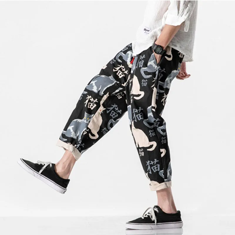 Cat Print Casual Cropped Pants