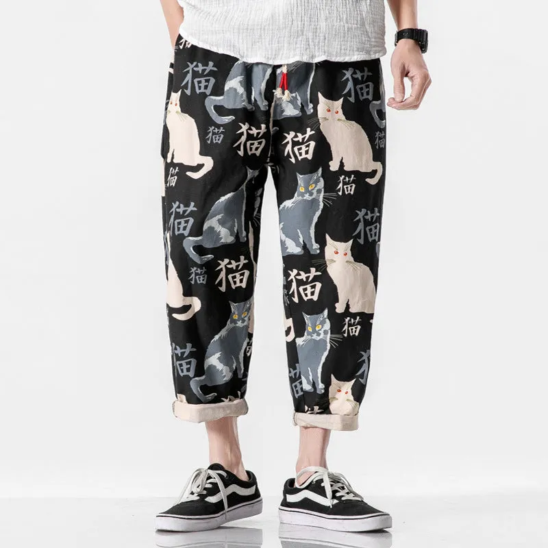 Cat Print Casual Cropped Pants