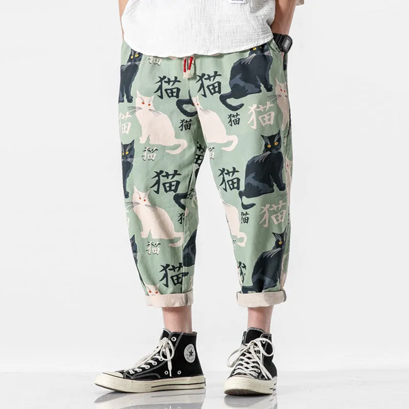 Cat Print Casual Cropped Pants