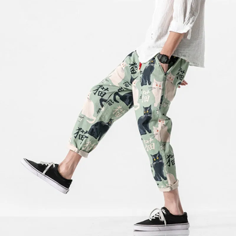 Cat Print Casual Cropped Pants