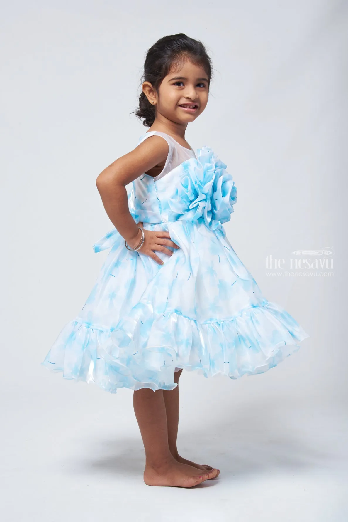 Chic Blue Organza Party Dress: Designer Floral Bow & Flared Style for Girls