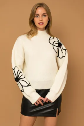 Cozy Flower Embroidery Mock Neck Sweater