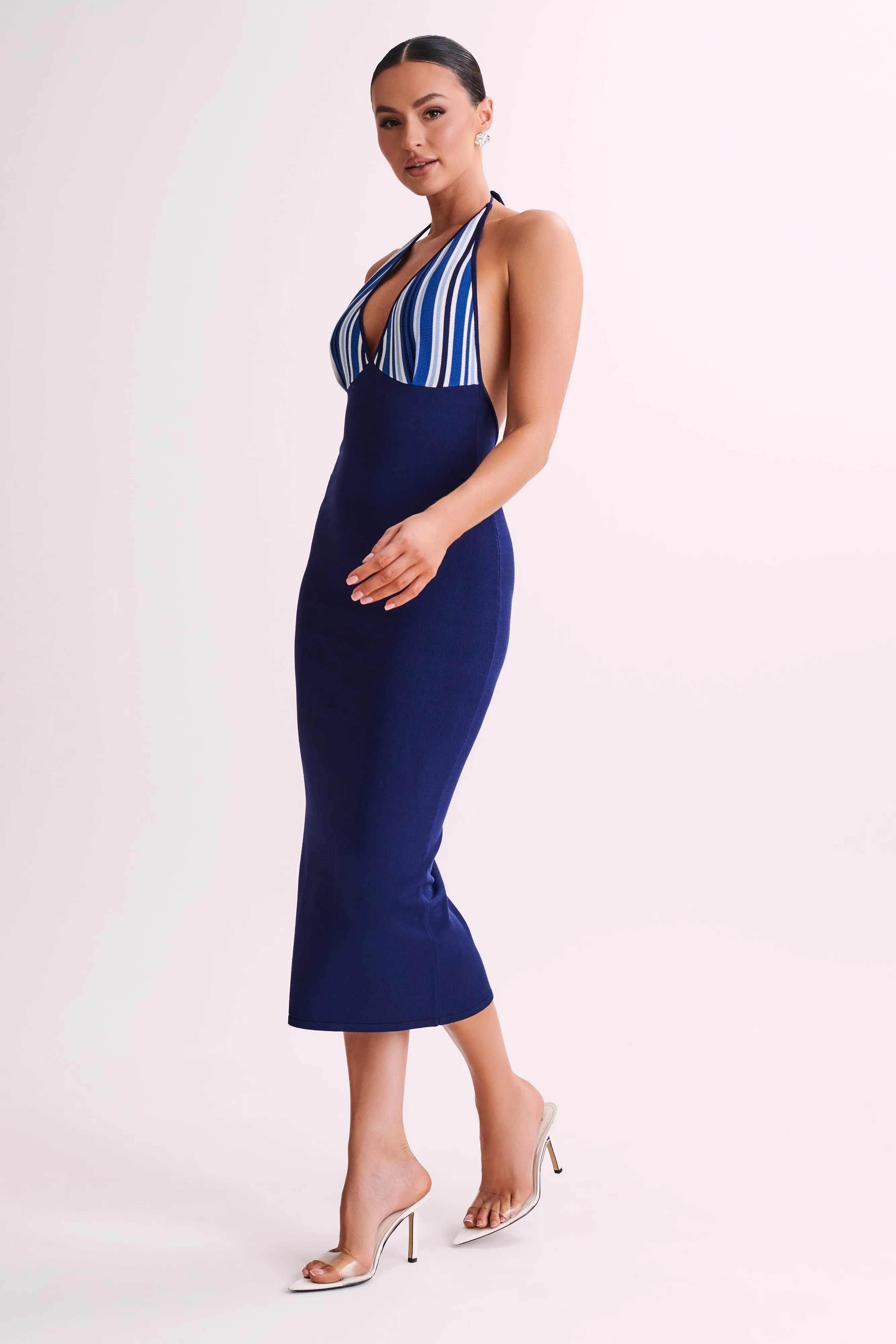 Dana Stripe Knit Halter Midi Dress - Powder Blue