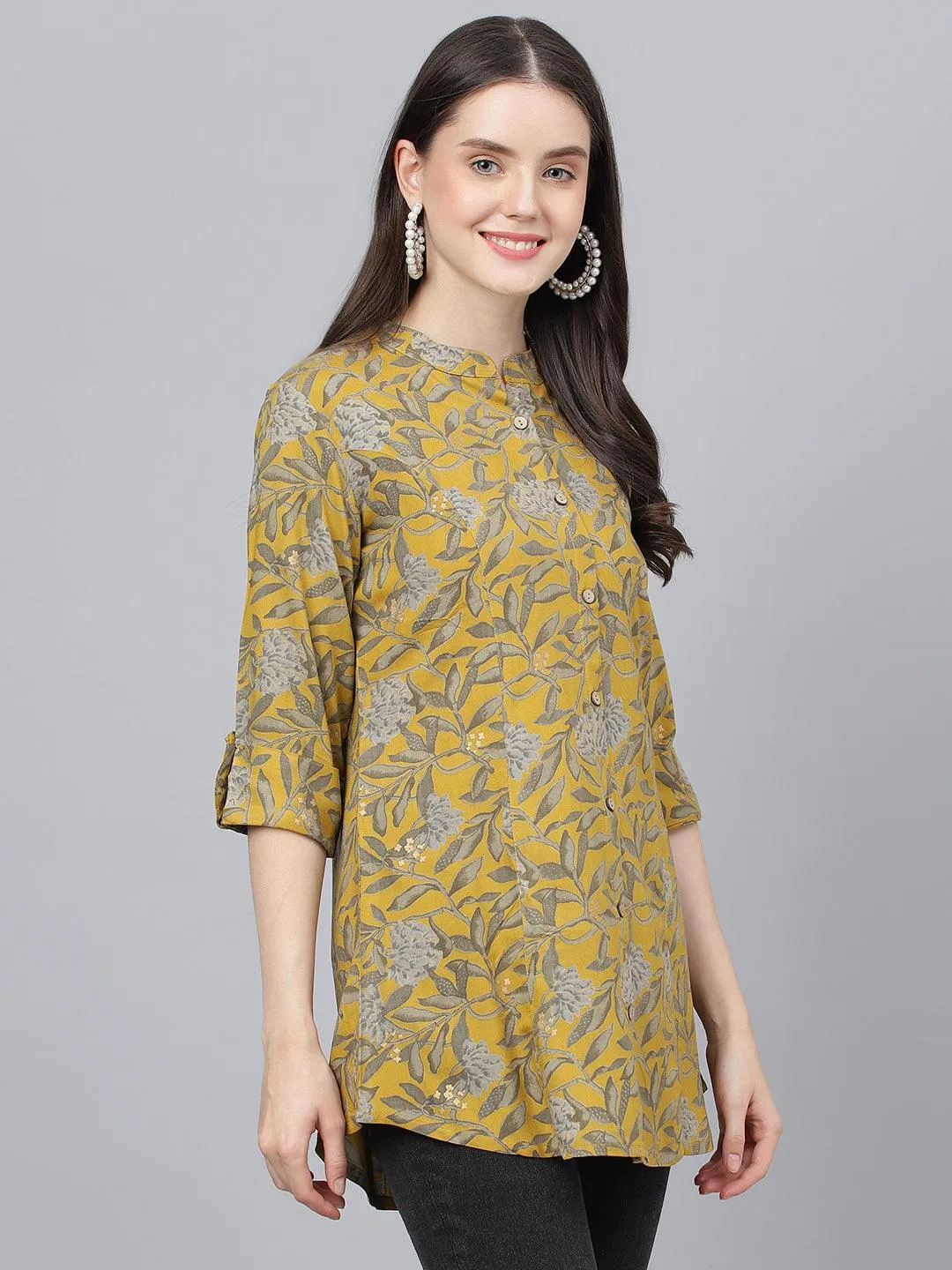 Divena Mustard Floral printed Rayon A-line Shirts Style Top