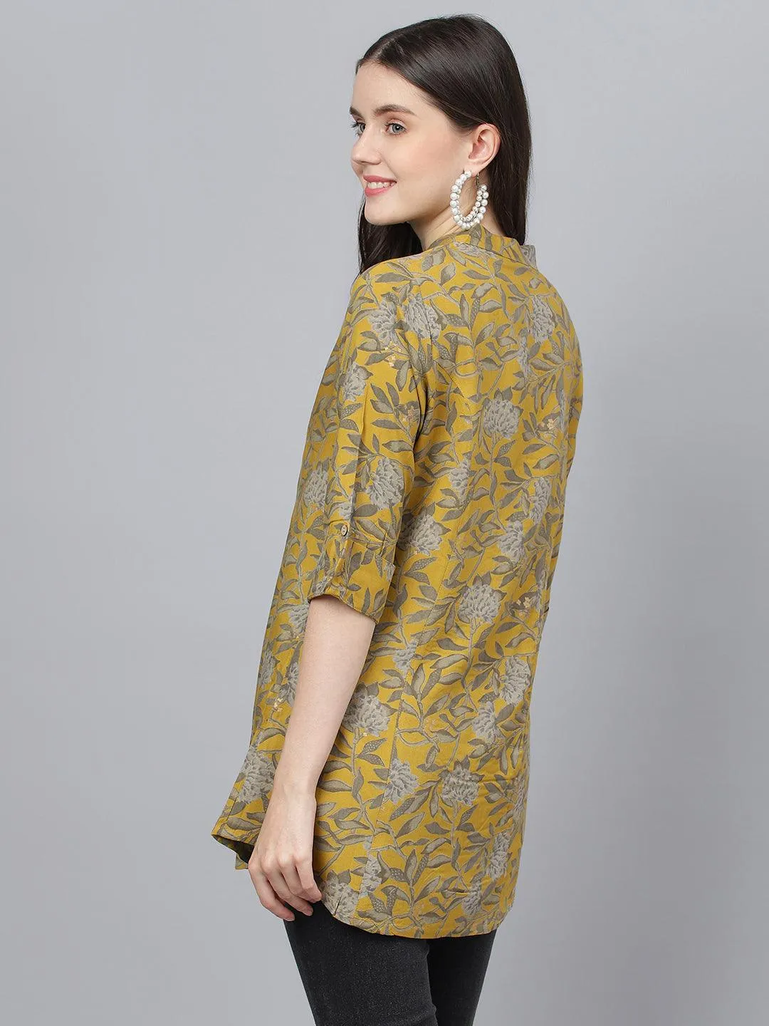 Divena Mustard Floral printed Rayon A-line Shirts Style Top