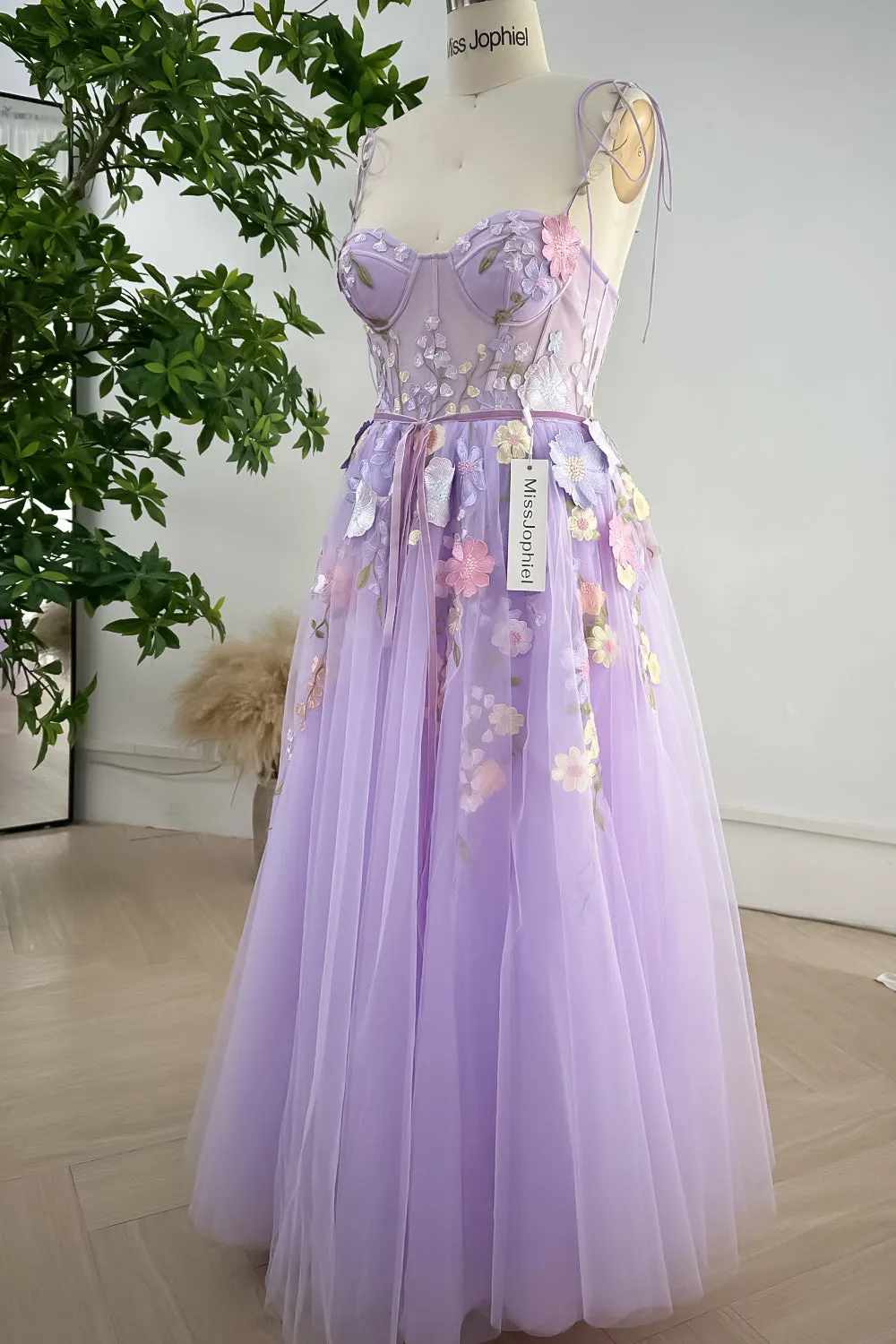 Embroidery Floral Corset Lavender Dress with Removable Tie Straps