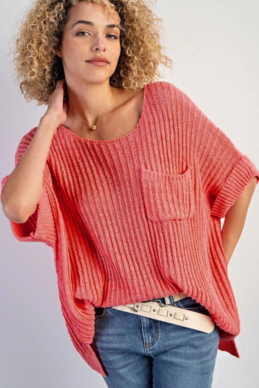 Fresh Salmon Rolled Cuffs Loose Knit Tee with Slits