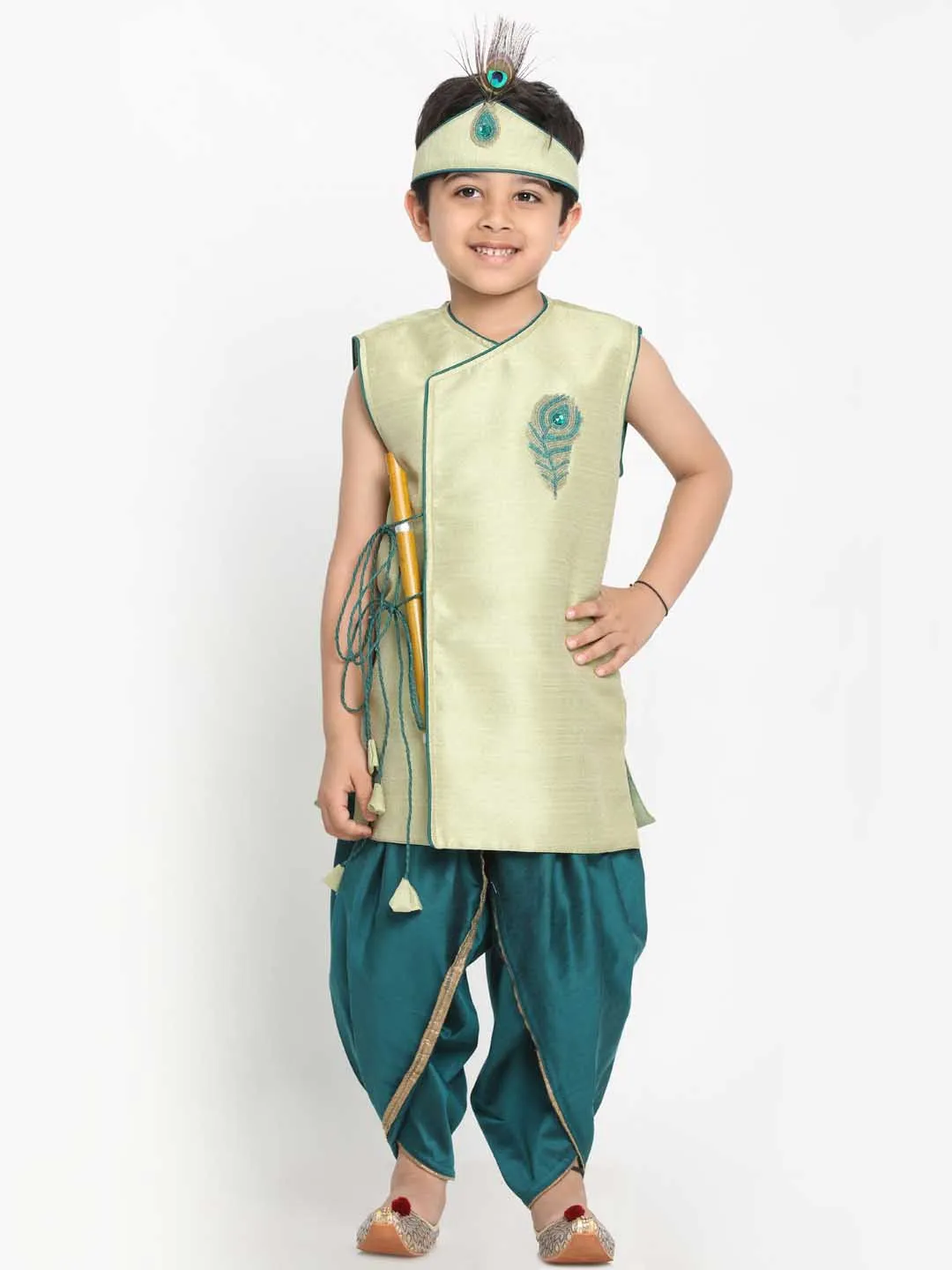 Green Krishna Style Kurta and Dhot Set