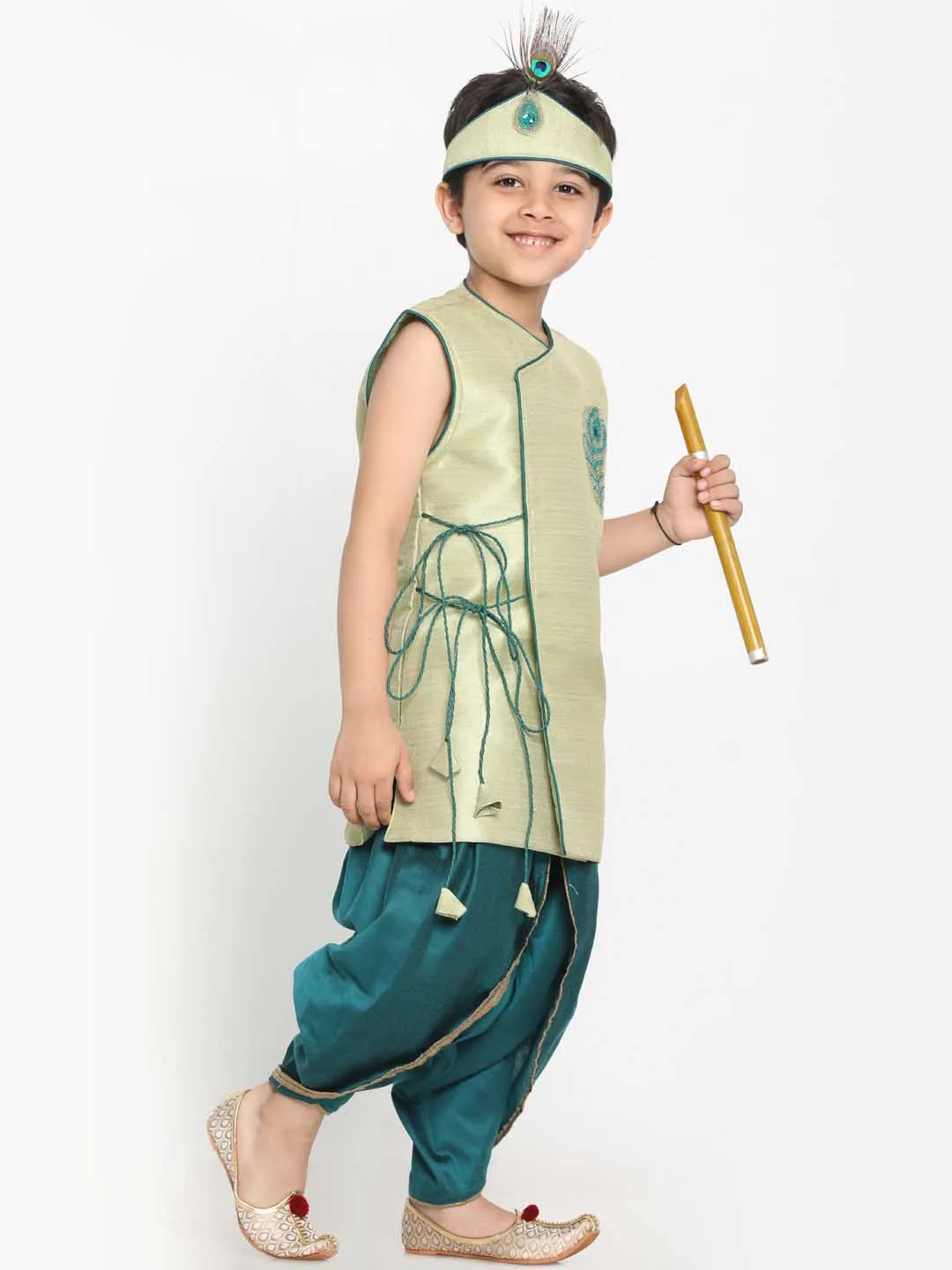 Green Krishna Style Kurta and Dhot Set