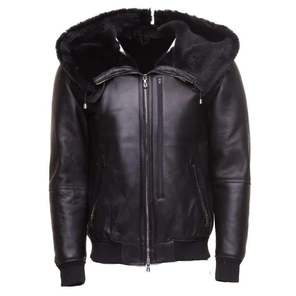 Gregos Varsity Style Sheepskin Shearling Jacket with Large Hoodie