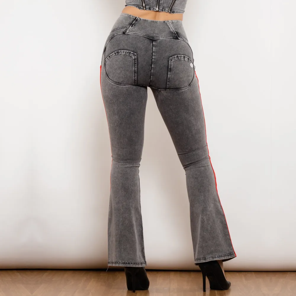 High Waist Dark Thread Grey Flare Jeans with Stripe