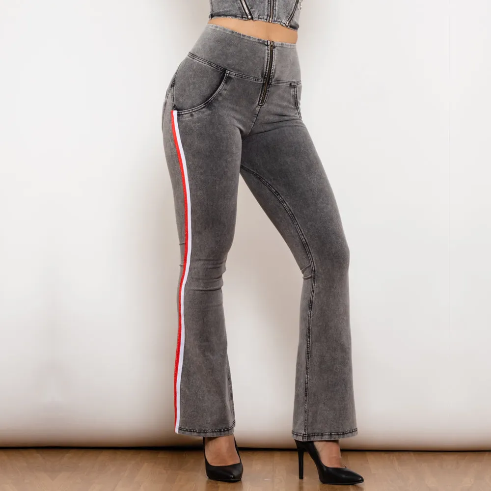 High Waist Dark Thread Grey Flare Jeans with Stripe