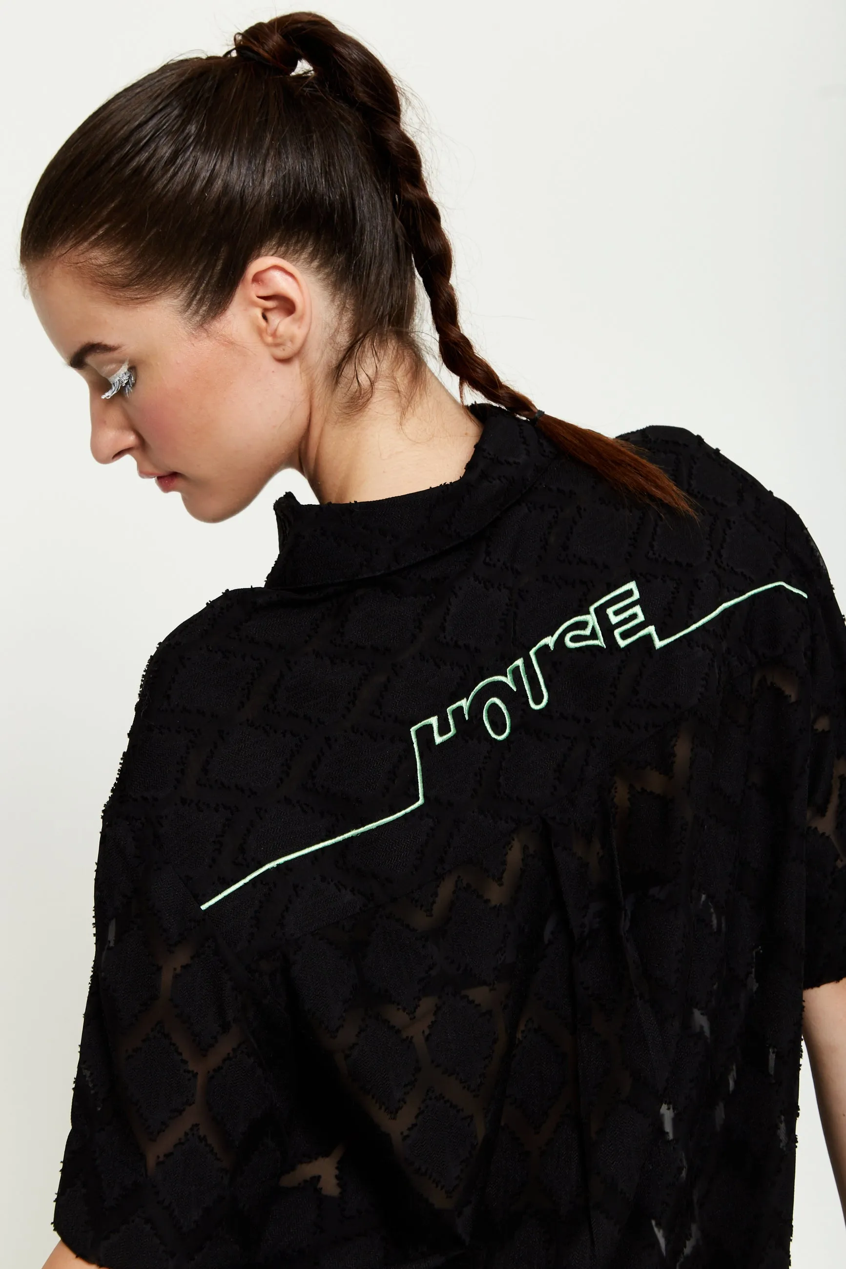 House Of Holland Logo Back Shirt In Black With Green Embroidery