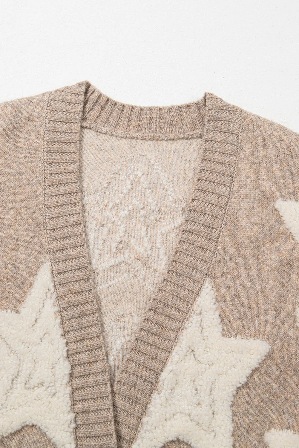 Khaki Sherpa Star Pattern Textured Sweater Cardigan with Pockets