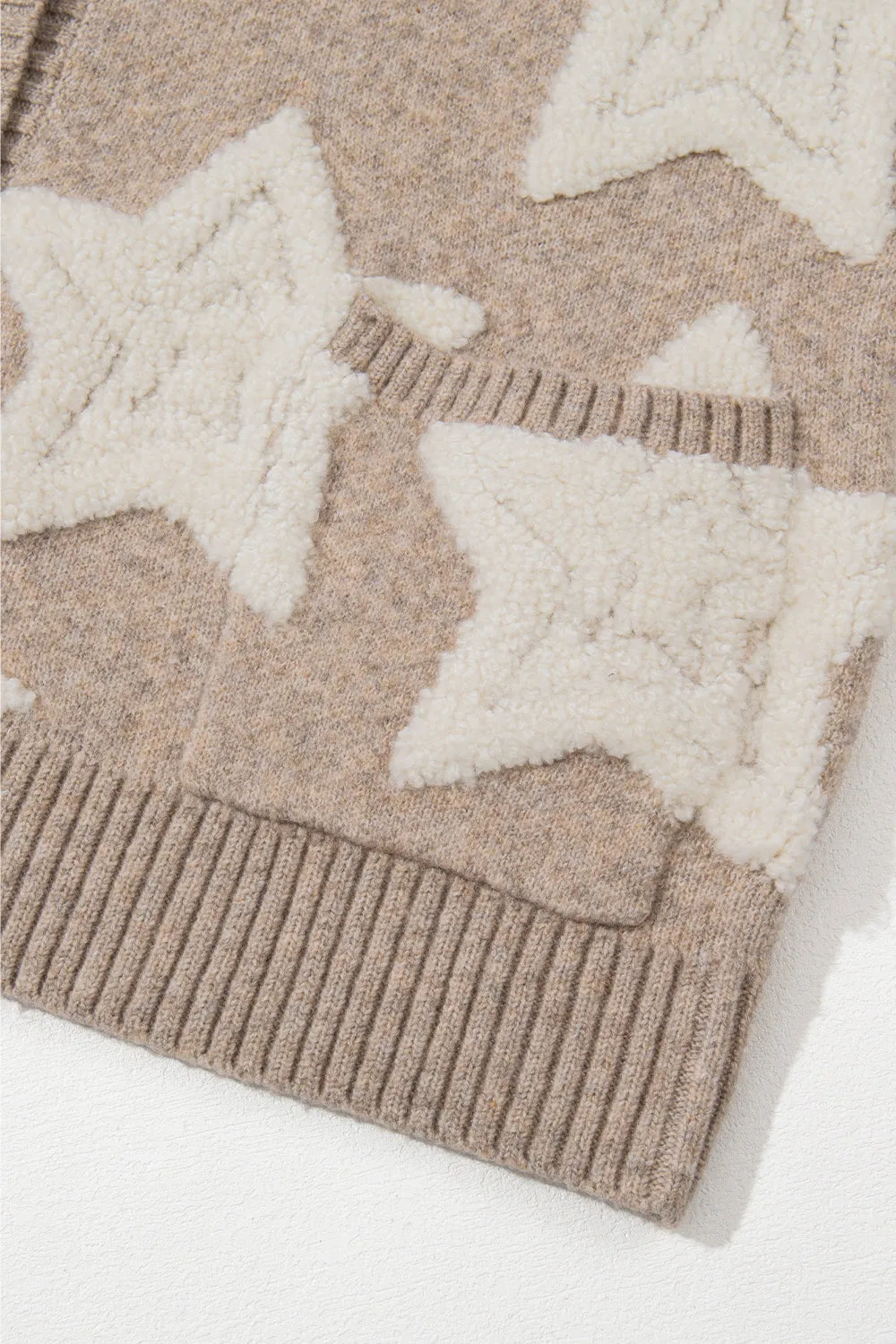 Khaki Sherpa Star Pattern Textured Sweater Cardigan with Pockets