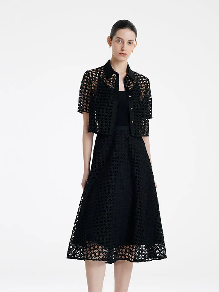 Lace Openwork Crop Jacket And Half Skirt And Knitted Camisole Three-Piece Set