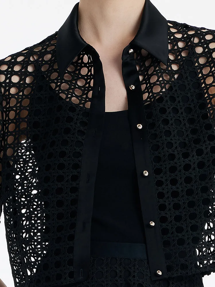 Lace Openwork Crop Jacket And Half Skirt And Knitted Camisole Three-Piece Set