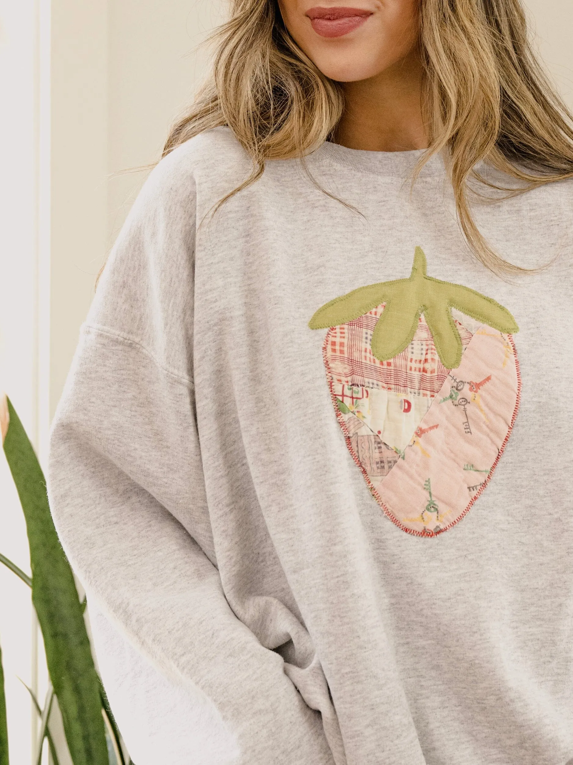 Large Strawberry Quilted Applique Gray Thrifted Sweatshirt